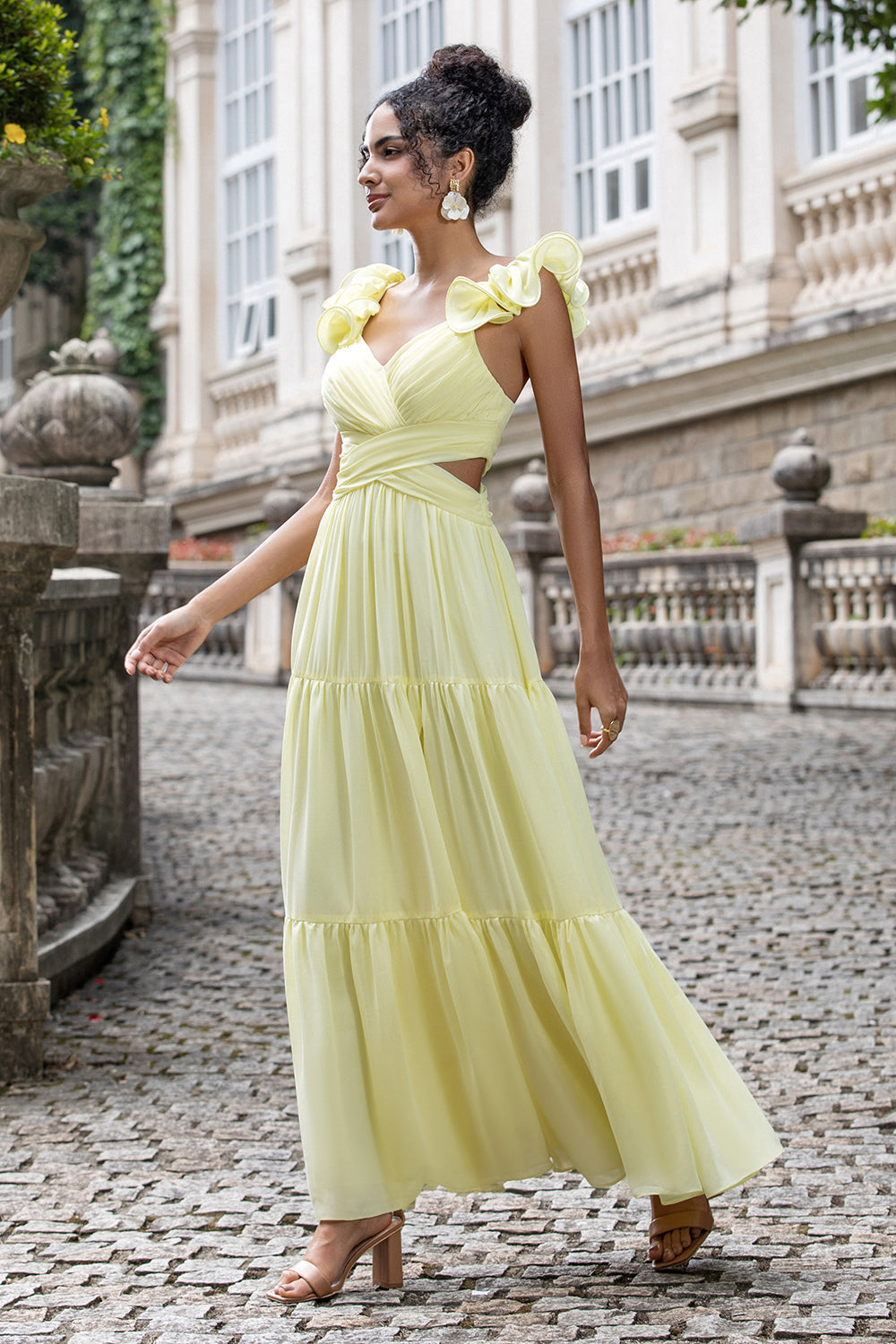 Zapakasa Women Simple Lemon Yellow Wedding Party Guest Dress with