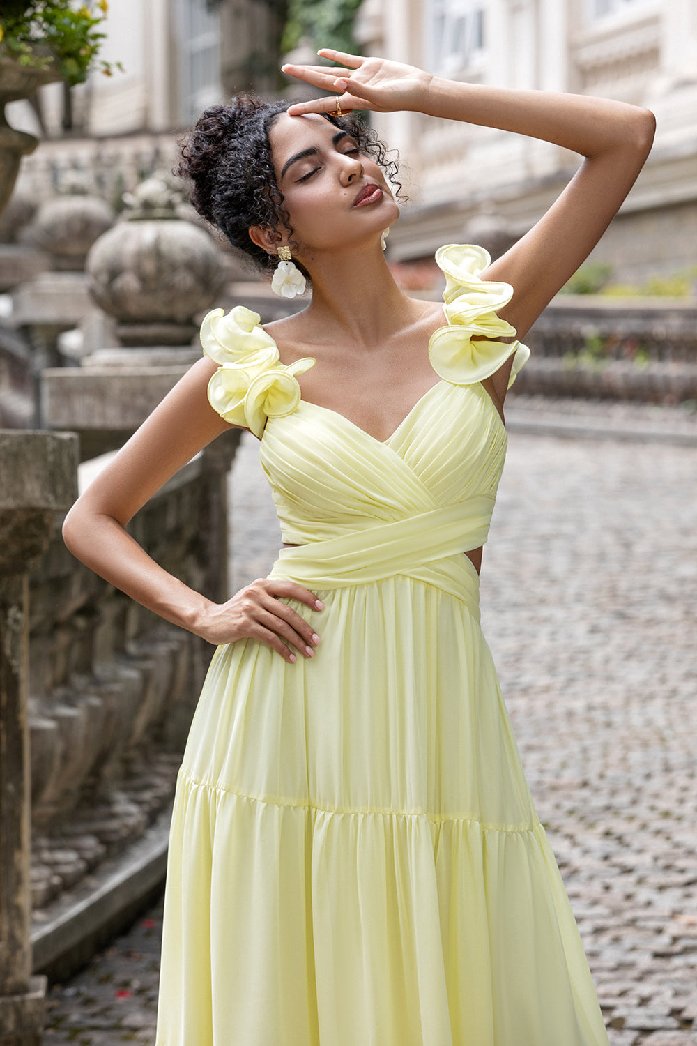 Zapakasa Women Simple Lemon Yellow Wedding Party Guest Dress with Ruffles A Line Pleated Maxi Bridesmaid Dress Zapakasa Women Simple Lemon Yellow Wedding Party Guest Dress with Ruffles A Line Pleated Maxi Bridesmaid Dress