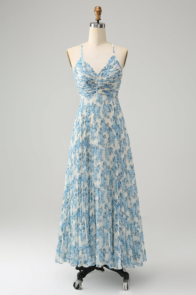 Spaghetti Straps Sky Blue Floral Wedding Guest Dress with Bowknot main image 0
