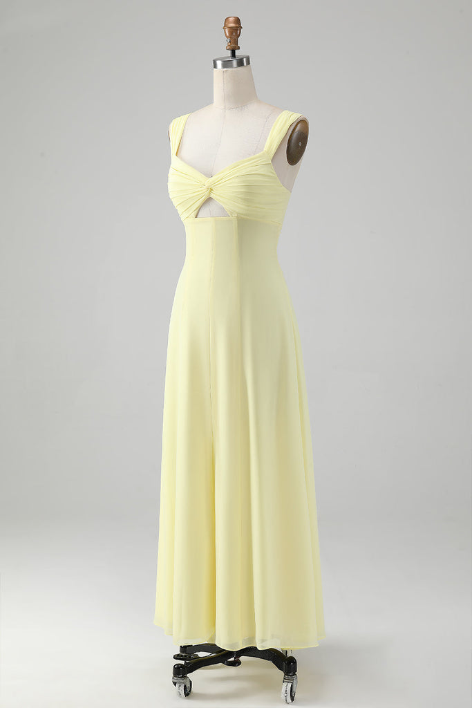 Lemon Yellow A Line Keyhole Long Bridesmaid Dress with Slit