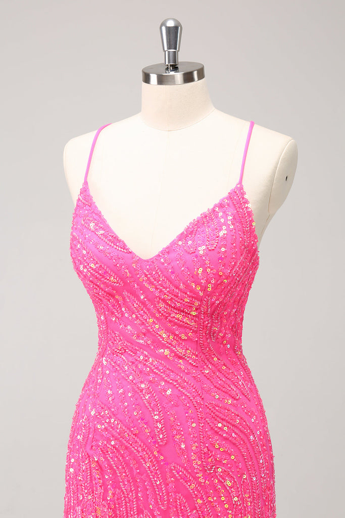 Sparkly Hot Pink Tight Homecoming Dress Sleeveless Sequined Party Dress GM527