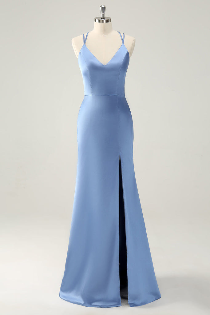 Mermaid Chiffon One Strap Dress with Slit Slate Blue Plus Size main image 0