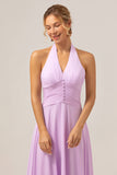 Purple A Line Halter Chiffon Long Bridesmaid Dress
