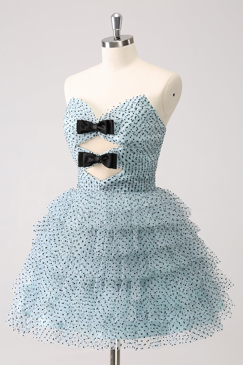 ZAPAKASA Women Blue A-Line Homecoming Dress Strapless Dotted Tiered Party Dress with Bows ZAPAKASA Women Blue A-Line Homecoming Dress Strapless Dotted Tiered Party Dress with Bows