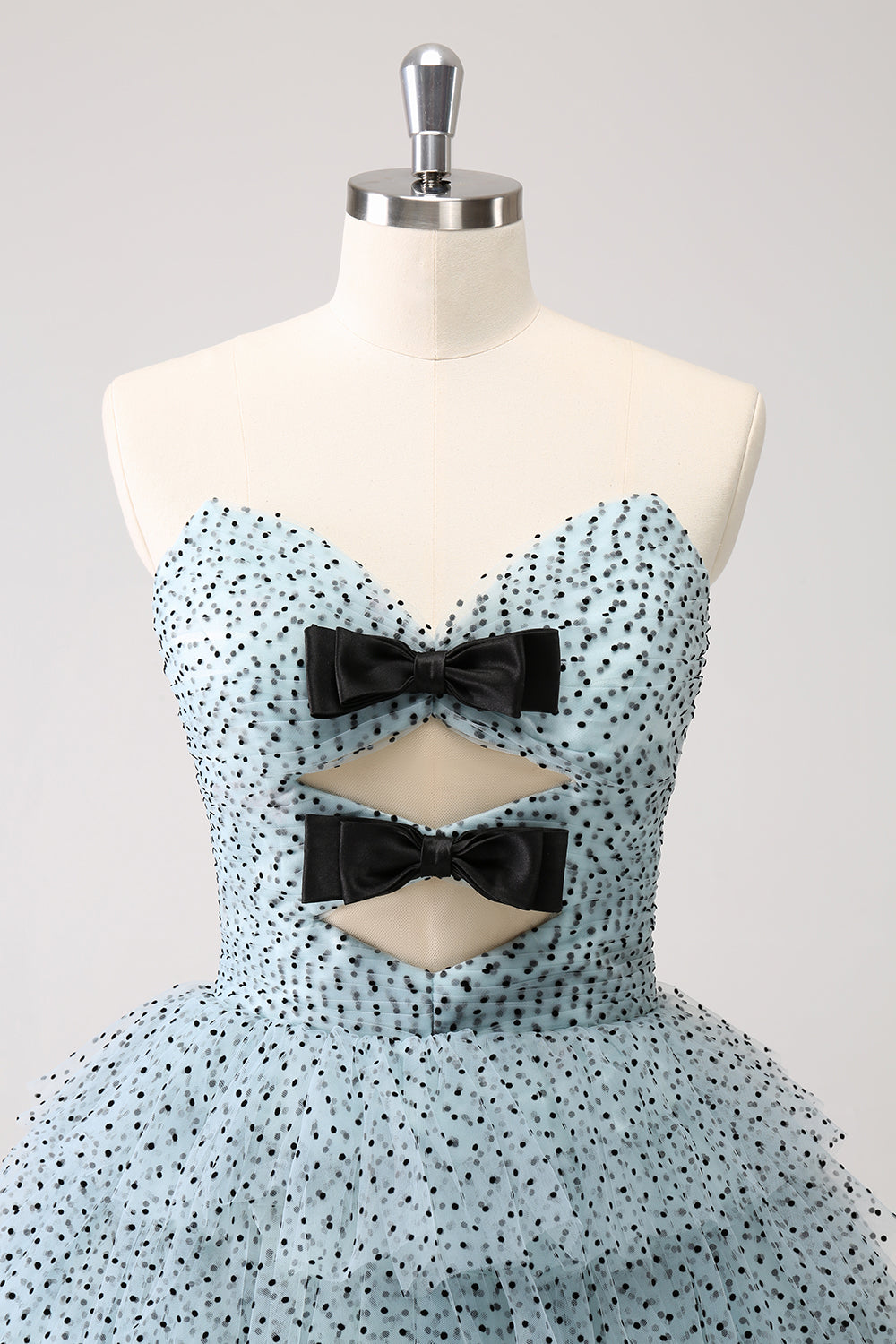 ZAPAKASA Women Blue A-Line Homecoming Dress Strapless Dotted Tiered Party Dress with Bows ZAPAKASA Women Blue A-Line Homecoming Dress Strapless Dotted Tiered Party Dress with Bows