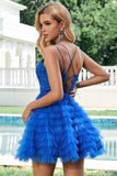 Blue A Line Spaghetti Straps Tulle Short Homecoming Dress with Ruffles