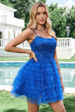 Blue A Line Spaghetti Straps Tulle Short Homecoming Dress with Ruffles
