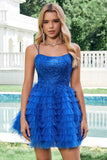 Blue A Line Spaghetti Straps Tulle Short Homecoming Dress with Ruffles