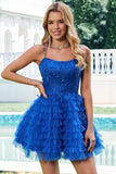 Blue A Line Spaghetti Straps Tulle Short Homecoming Dress with Ruffles