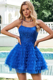 Blue A Line Spaghetti Straps Tulle Short Homecoming Dress with Ruffles