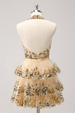 Gold Sparkly A Line Halter Tiered Sequined Backless Short Homecoming Dress