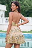 Sparkly Gold A-Line Halter Tiered Sequined Backless Short Homecoming Dress