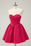Simple Fuchsia A Line Strapless Corset Short Homecoming Dress