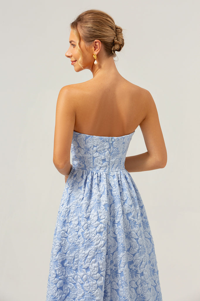 Blue Floral Strapless A-Line High Low Bridesmaid Dress