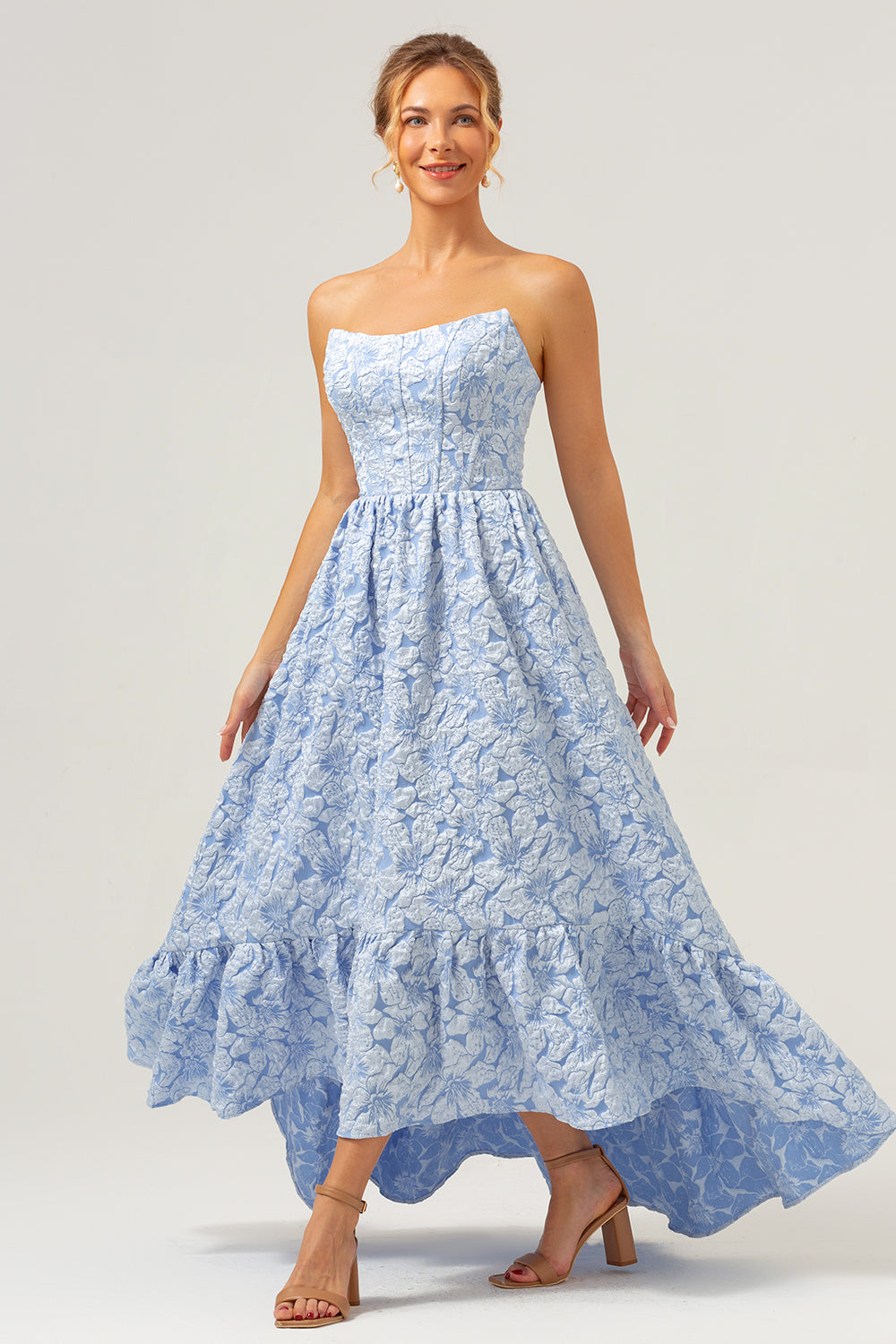 Blue Floral Strapless Coret High Low Bridesmaid Dress