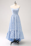 Blue Floral Strapless Coret High Low Bridesmaid Dress