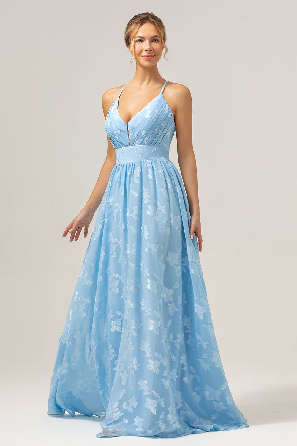 Sparkly Light Blue V-Neck Floral Pleated Bridesmaid Dress