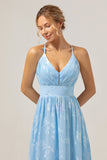 Sparkly Light Blue V-Neck Floral Pleated Bridesmaid Dress