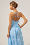 Sparkly Light Blue V-Neck Floral Pleated Bridesmaid Dress