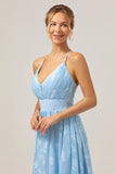 Sparkly Light Blue V-Neck Floral Pleated Bridesmaid Dress