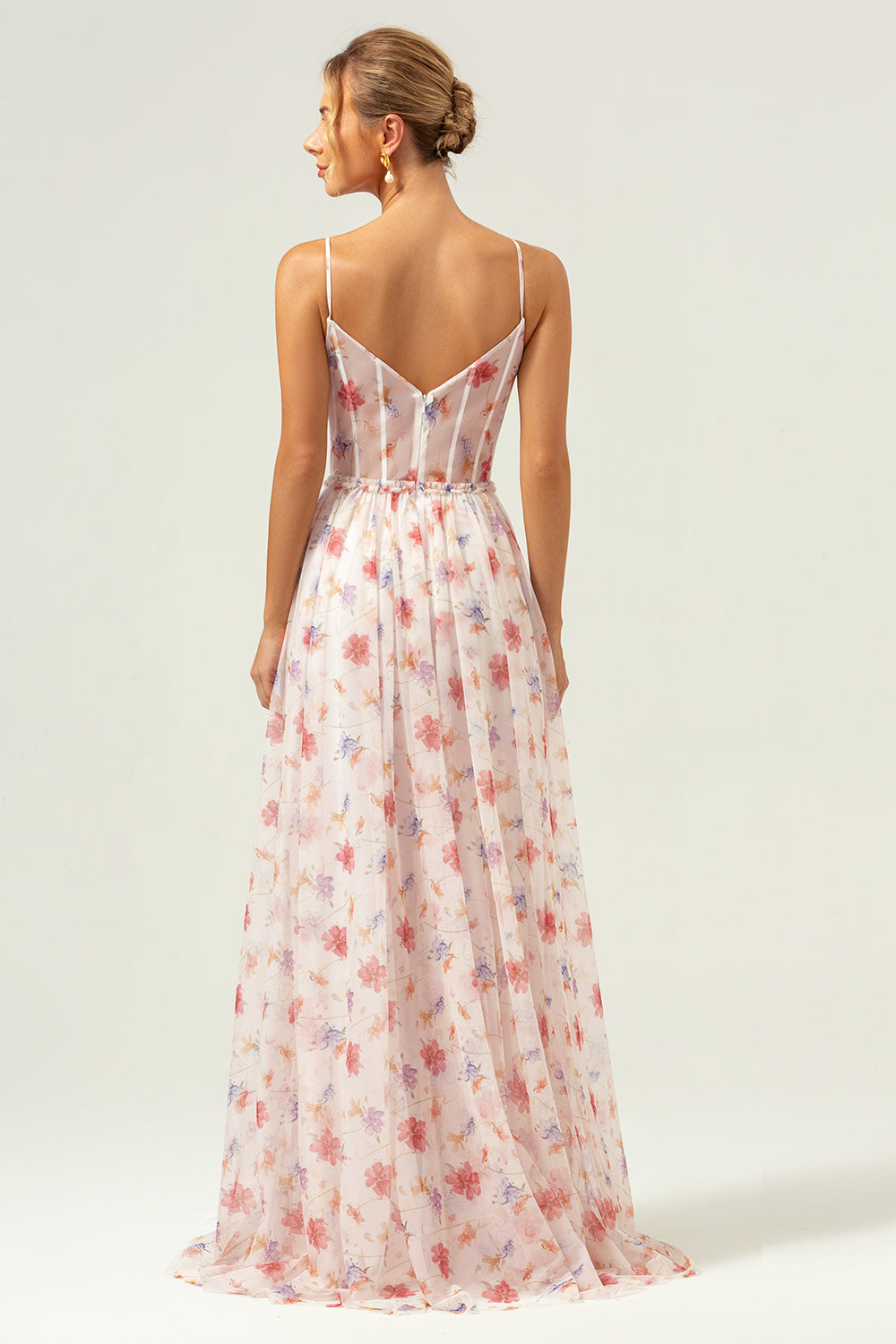 Zapaka Women White Red Floral Long Bridesmaid Dress A Line Spaghetti Straps Corset Wedding Guest Dress, White Red Flower / UK18