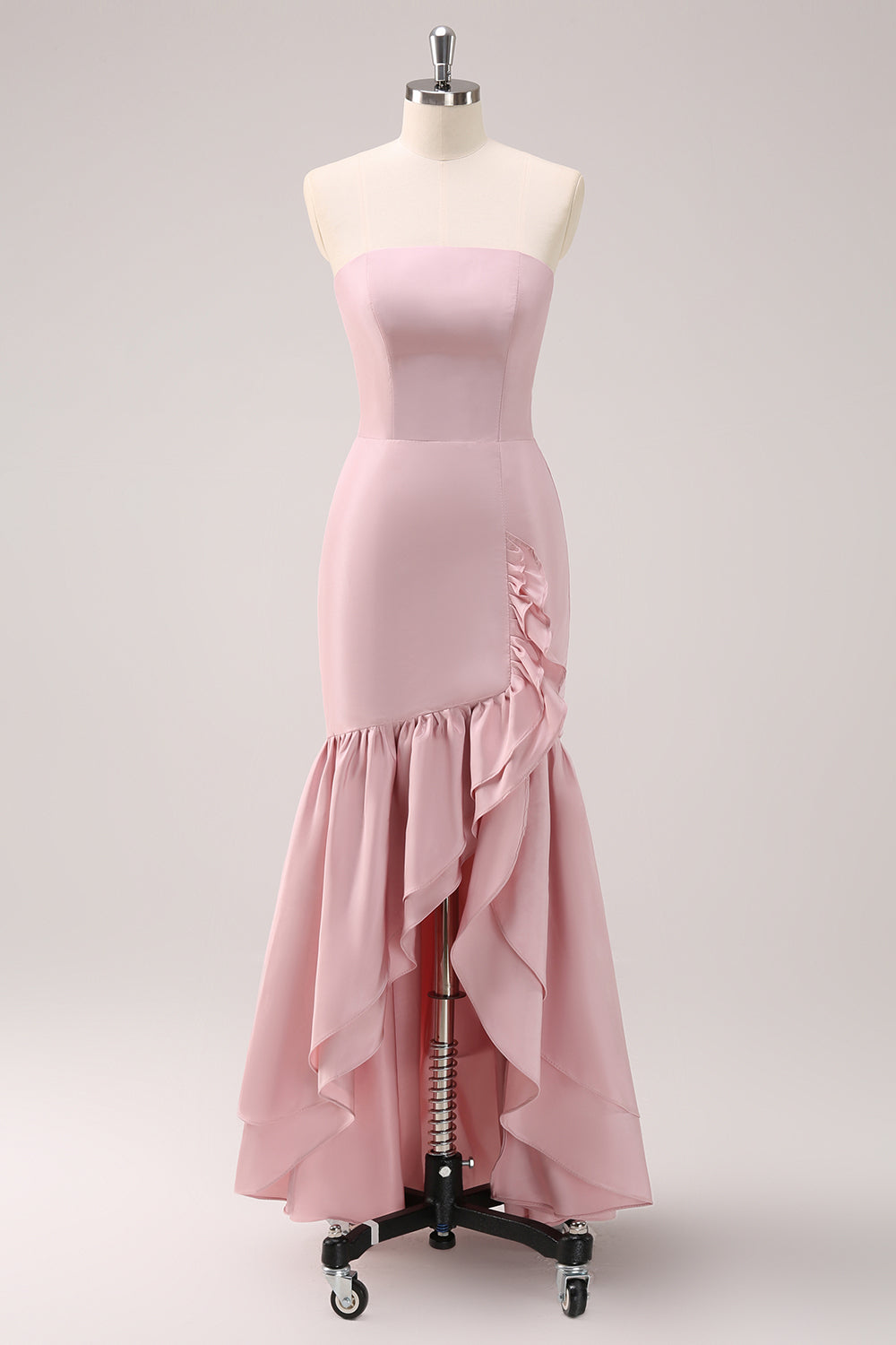 Zapakasa Women Pink Bridesmaid Dress Strapless Asymmetrical Ruffled Mermaid Satin Wedding Guest Dress Zapakasa Women Pink Bridesmaid Dress Strapless Asymmetrical Ruffled Mermaid Satin Wedding Guest Dress