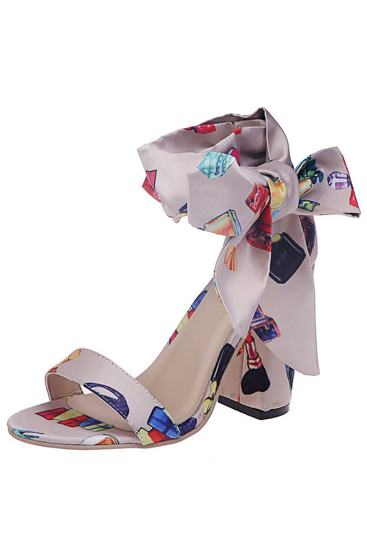 Apricot Colorful Chunky High Heels Sandals with Ribbon