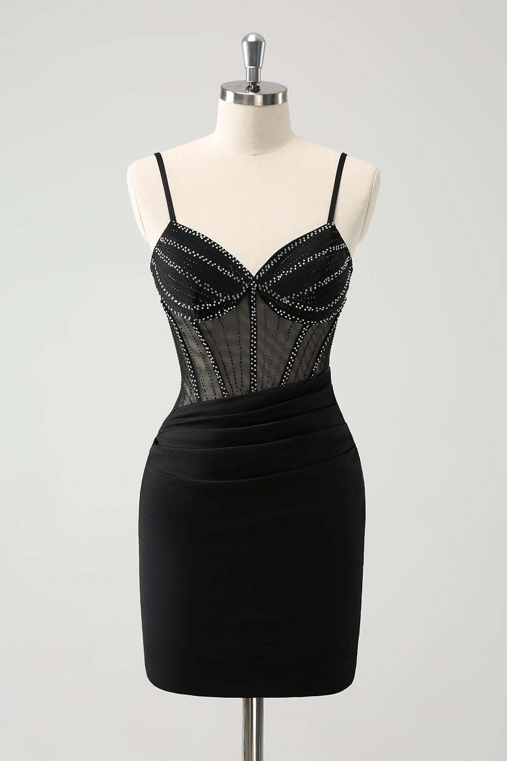 Zapaka Women Black Homecoming Dress with Beading Spaghetti Straps Corset Short Satin Cocktail Dress, Black / US20W
