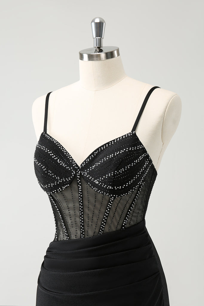 Zapaka Women Sparkly Beaded Black Corset Tight Homecoming Dress
