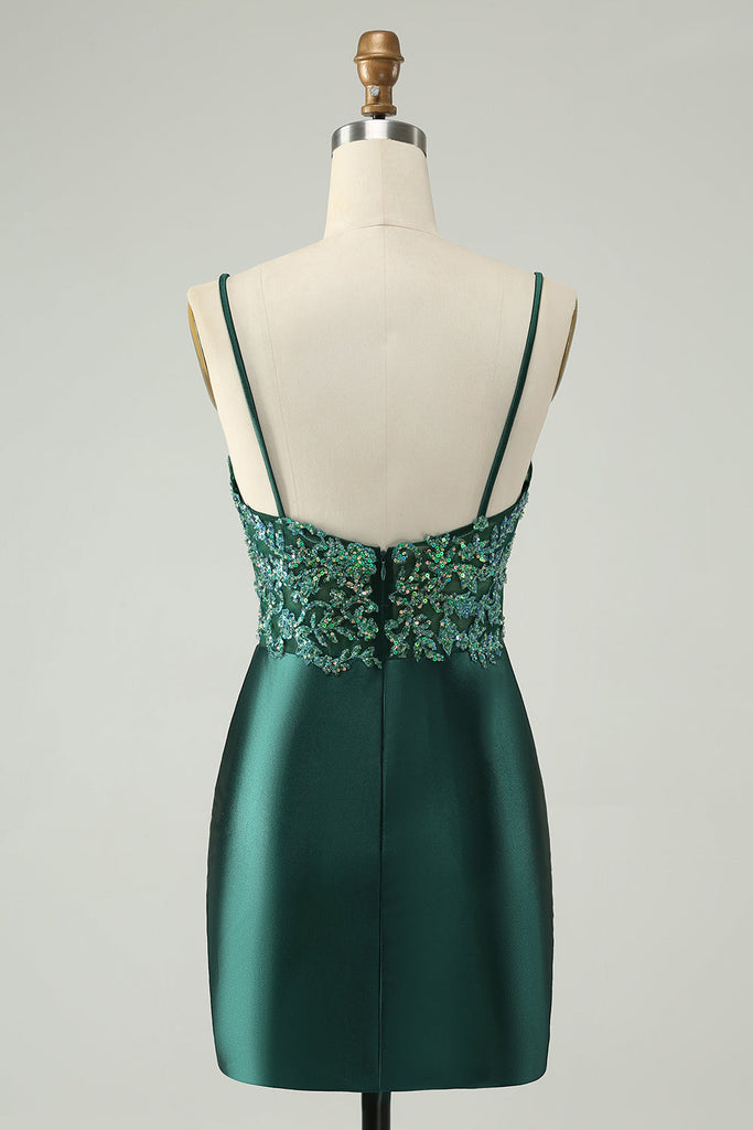 Sparkly Black Spaghetti Straps Satin Beaded 18th Birthday Outfits V Neck Short Homecoming Dress cc3396 main image 1