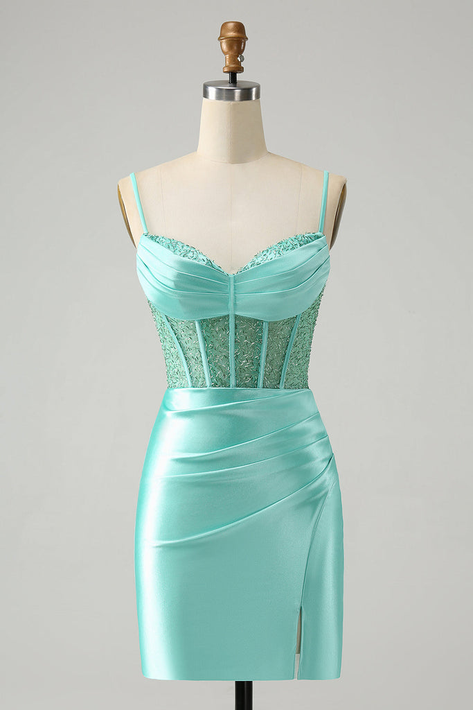 Golden Bodycon Spaghetti Straps Corset Lace Up Back Homecoming Dress with Sequins
