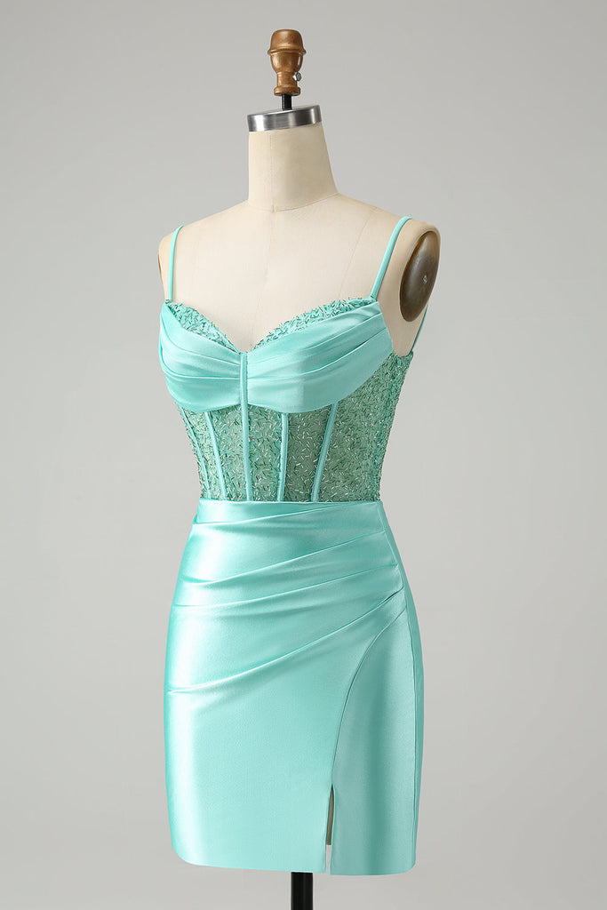 Mint Green Spaghetti Straps Ruched Mini Cocktail Dress Bodycon Dress Short Homecoming Dress  Y1774