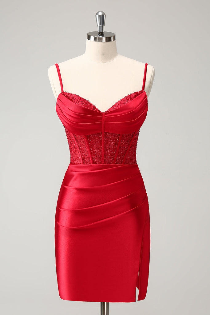 Sparkly Rose Gold Tight Satin Pleats Beaded Corset Homecoming Dress