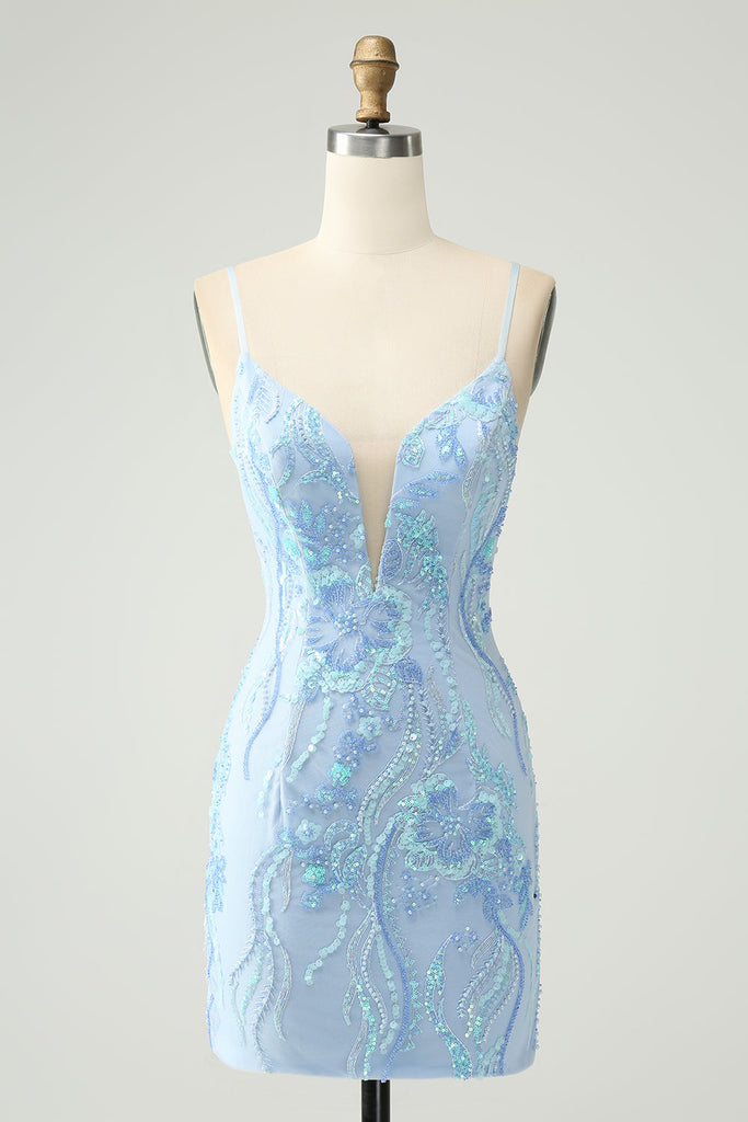 Glitter Light Blue Tight Spaghetti Straps Short Homecoming Dress with Sequins
