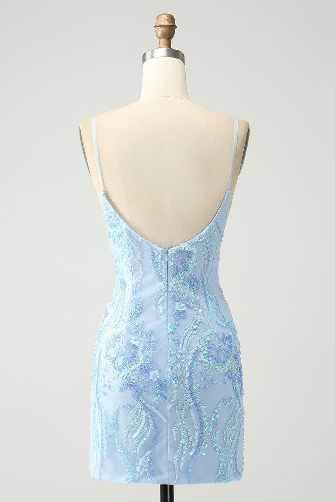 Blue Spaghetti Straps Lace-Up Back Fitted HOCO Dress