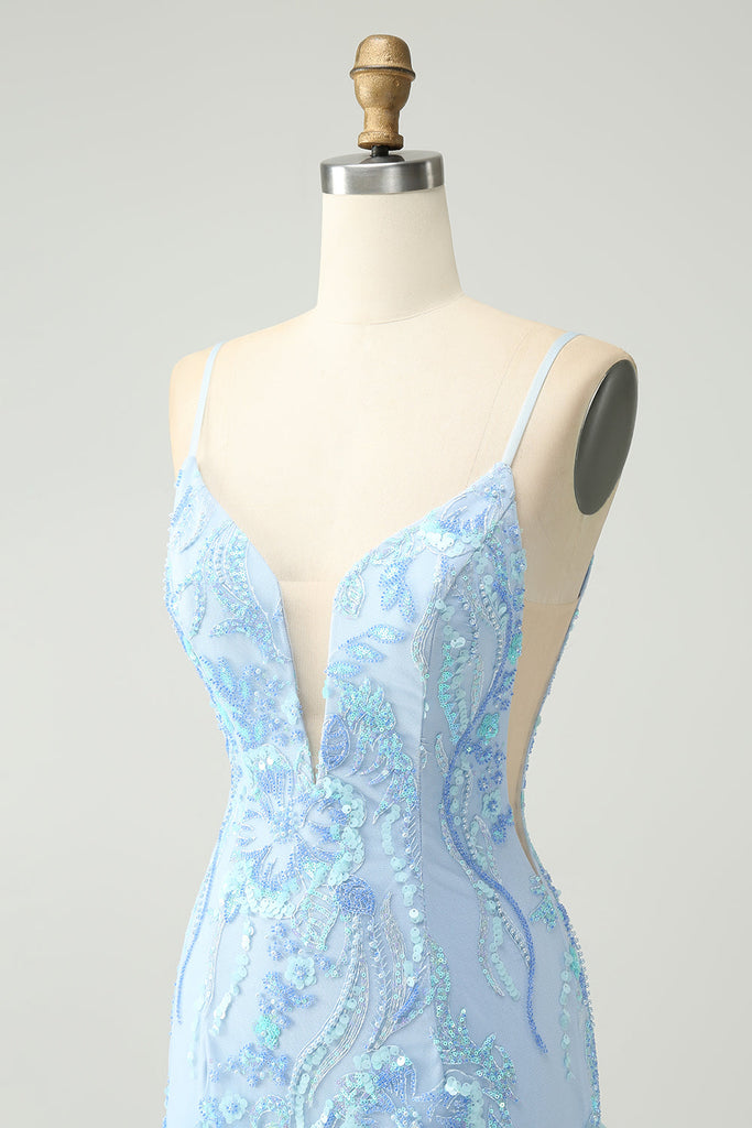 Grey Blue Spaghetti Straps Sequined Tight Homecoming Dress