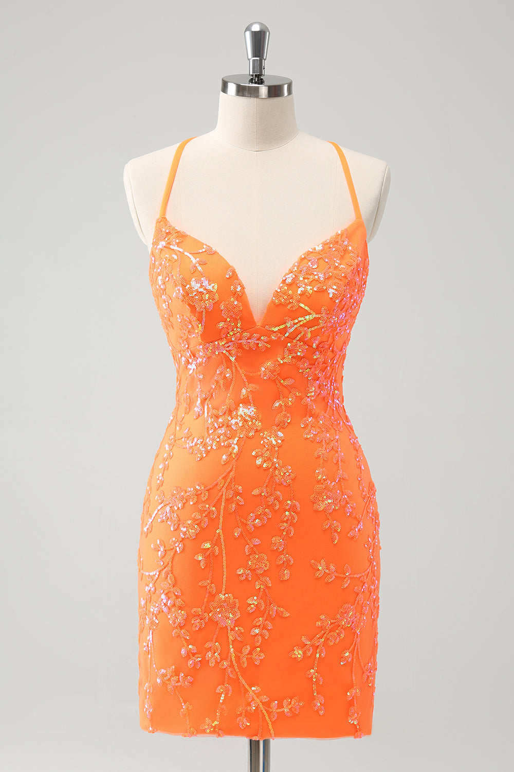 open lace back dress Sparkly Orange Sequins A-Line Short Homecoming Dress with Pockets main image 1