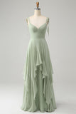 Matcha A Line Spaghetti Straps Long Bridesmaid Dress with Ruffles