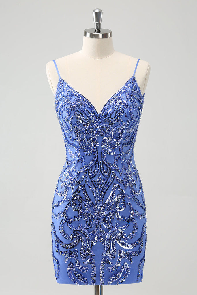 Gorgeous Blue Sequin Sheath Cocktail Dress Spaghetti Straps Short Homecoming Dress