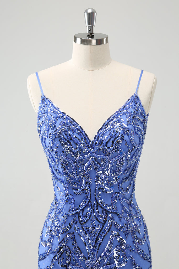 Simple Spaghetti strap Light Blue Tight Slim-fit Homecoming Dress With Ruffles main image 1