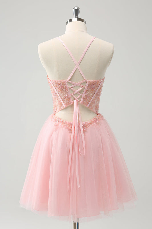 Pink Tulle A-Line Short Homecoming Dress with Beading