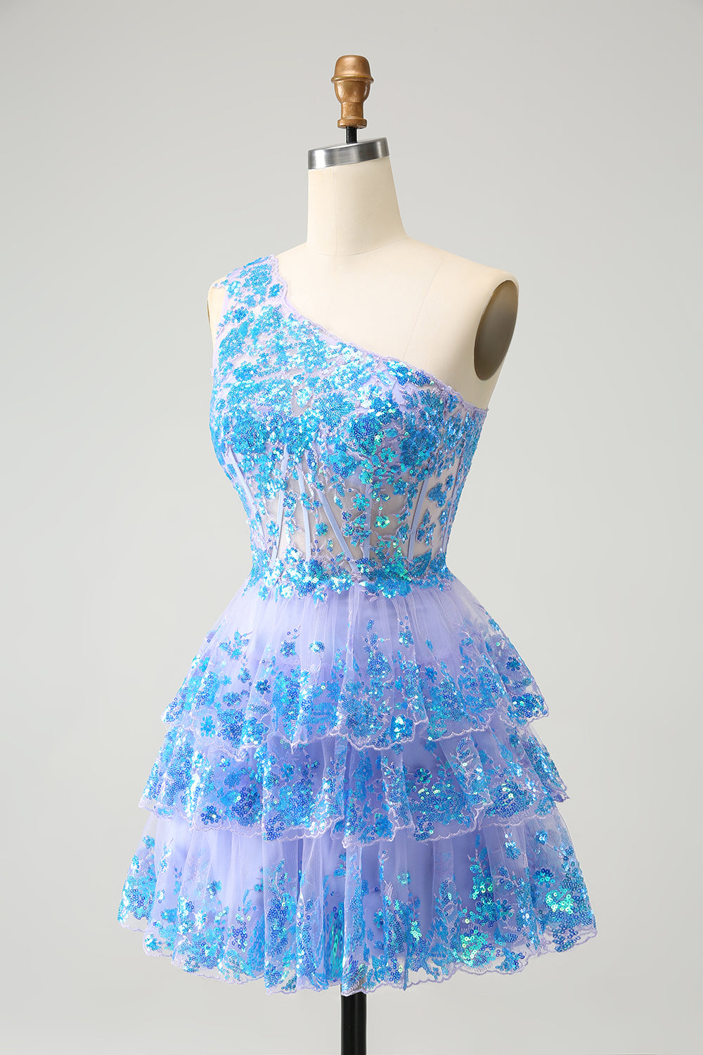 Sparkly One Shoulder Light Blue Corset Short Homecoming Dress