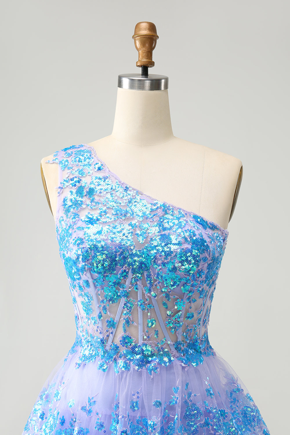 Sparkly One Shoulder Light Blue Corset Short Homecoming Dress