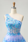 Sparkly One Shoulder Light Blue Corset Short Homecoming Dress