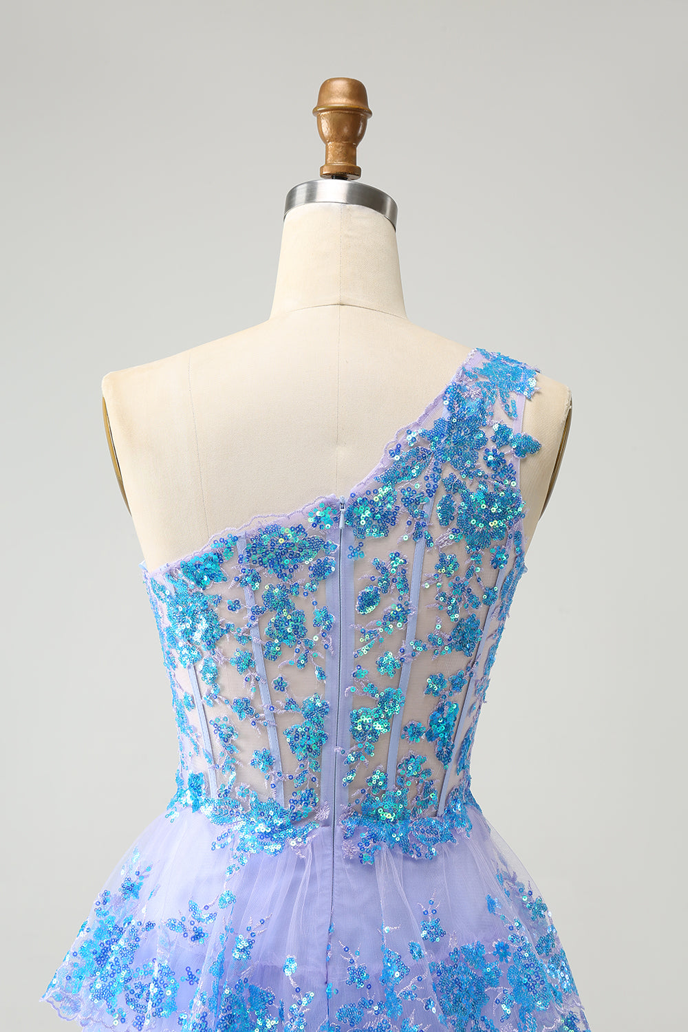 Sparkly One Shoulder Light Blue Corset Short Homecoming Dress