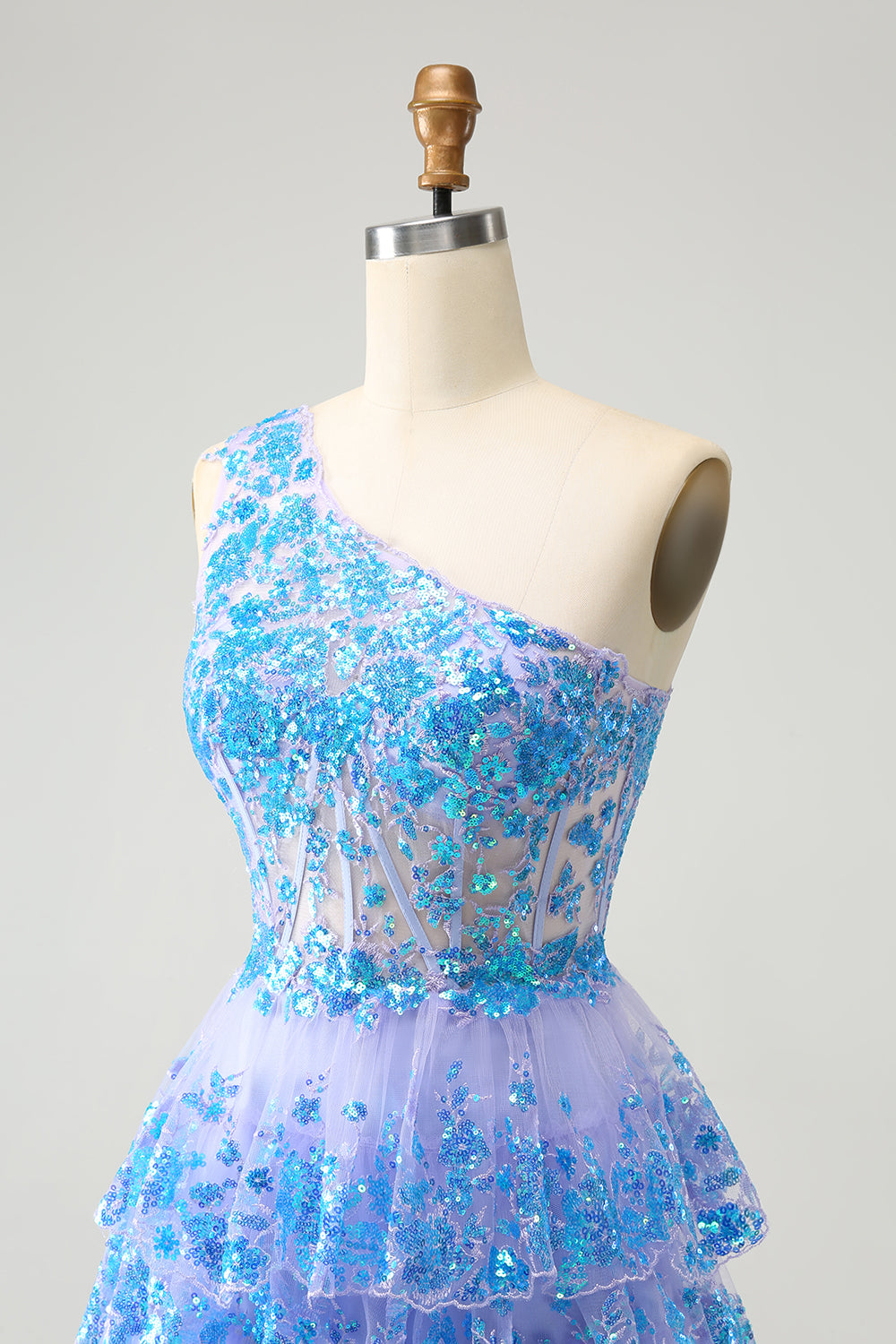 Sparkly One Shoulder Light Blue Corset Short Homecoming Dress