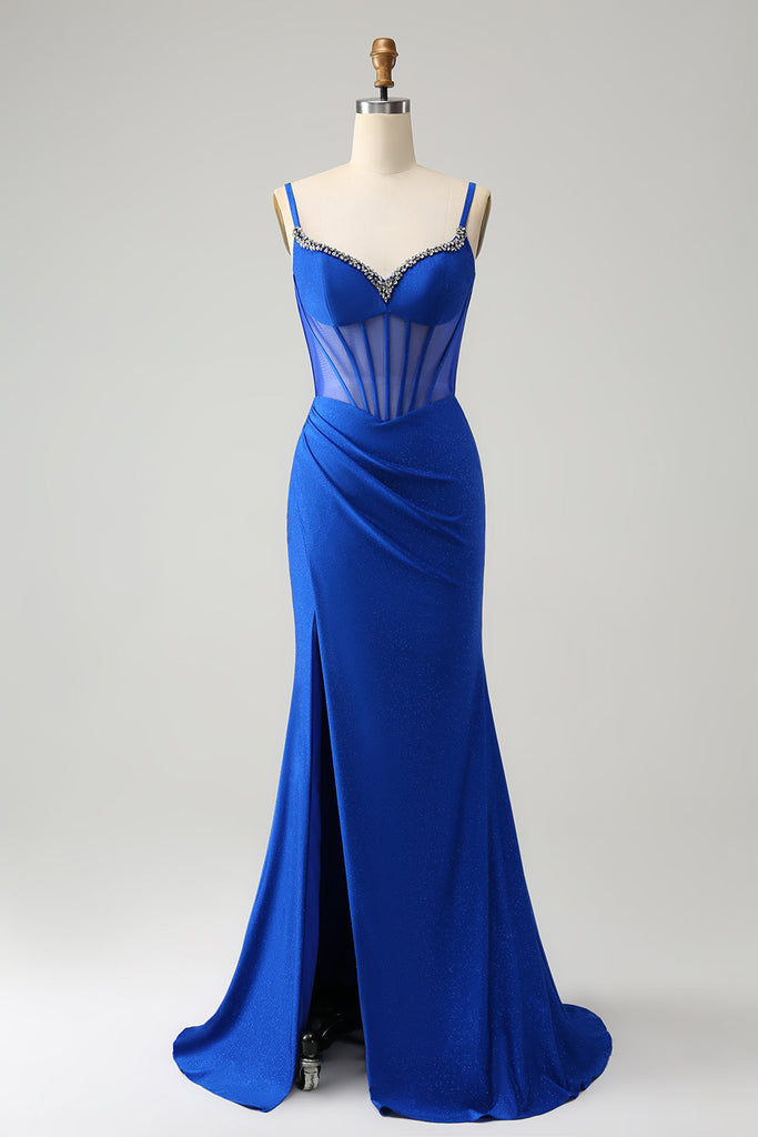 Sparkly Royal Blue Strapless Corset Mermaid Prom Dress with Slit main image 0