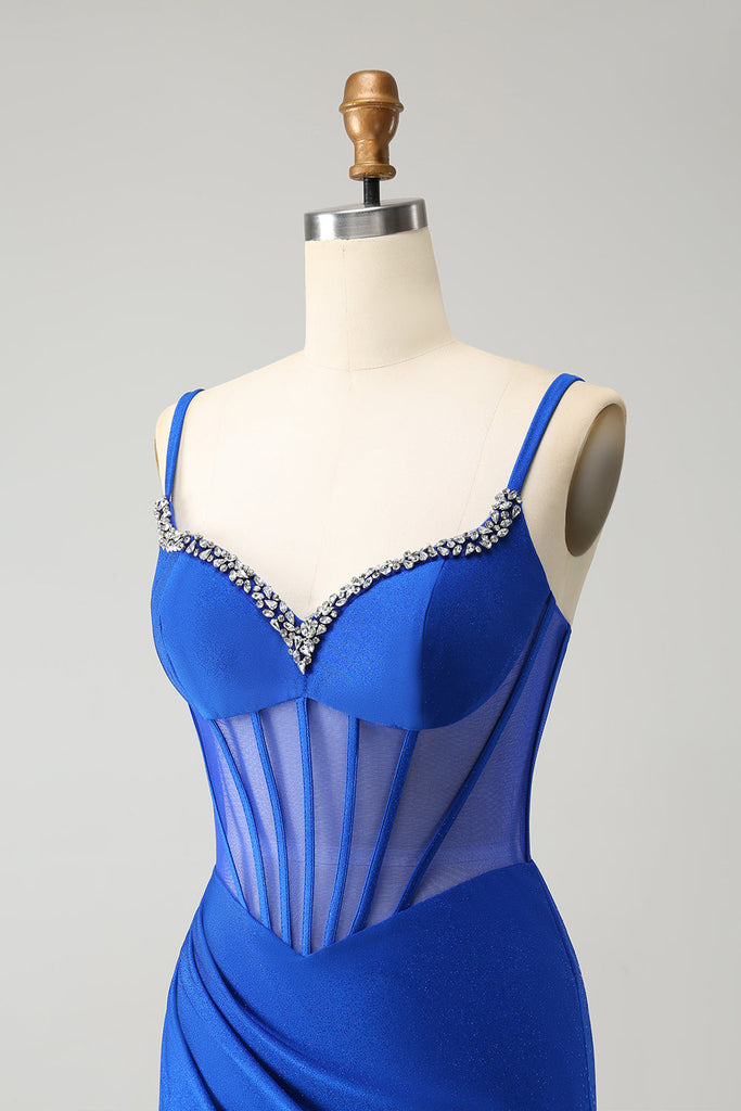 Royal Blue Mermaid Corset Sweetheart Long Prom Dresses With Slit, PL602