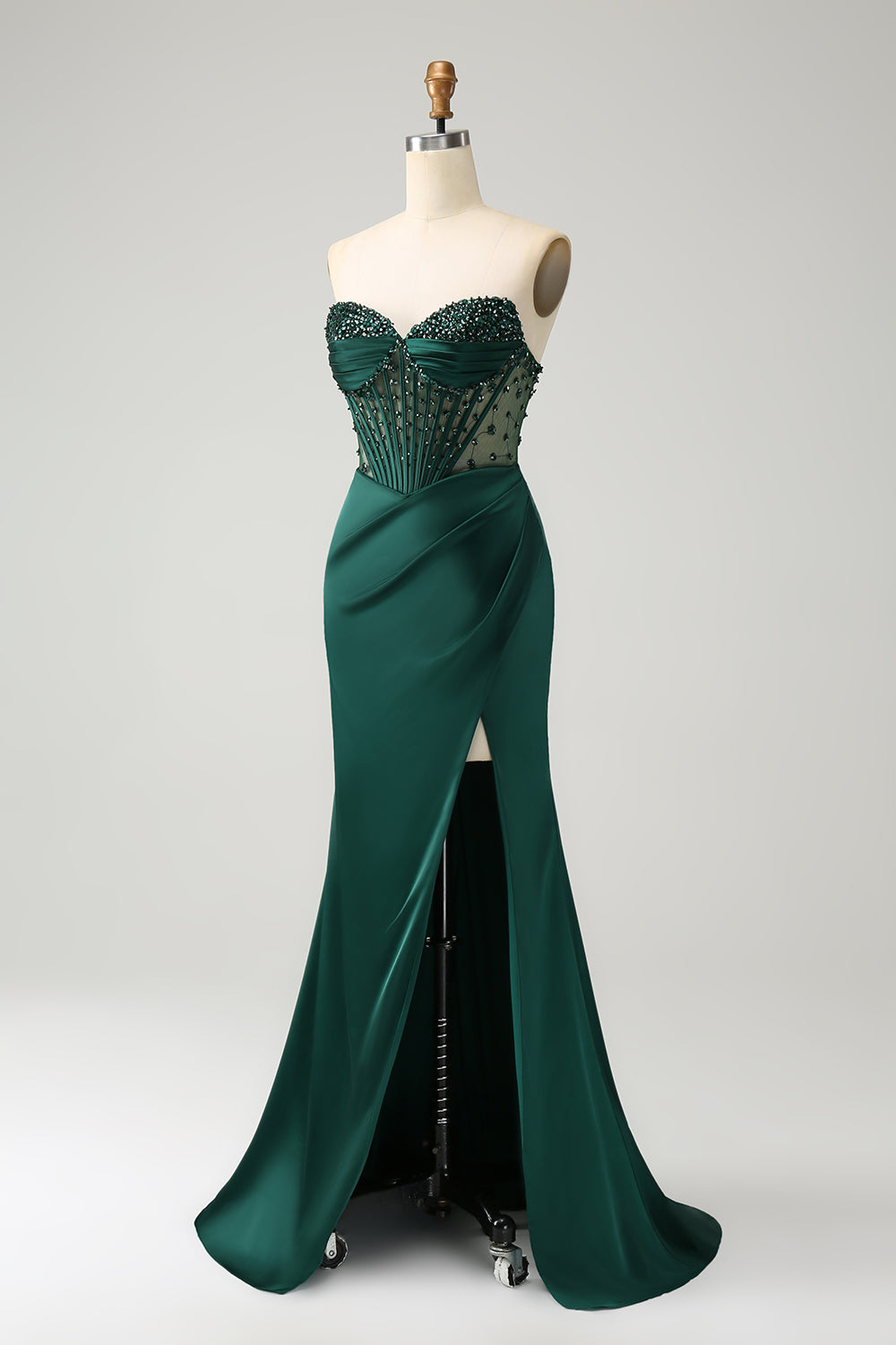 Zapaka Women Sparkly Dark Green Mermaid Long Prom Dress Strapless Beaded Corset Satin Evening Dress with Slit, Dark Green / US16W Zapaka Women Sparkly Dark Green Mermaid Long Prom Dress Strapless Beaded Corset Satin Evening Dress with Slit, Dark Green / US16W