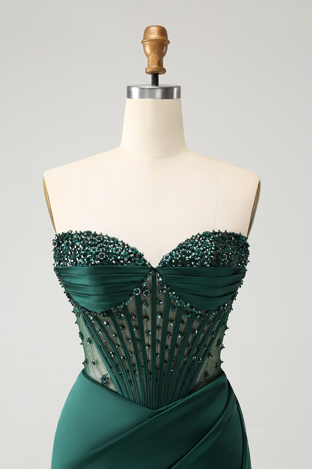 Zapaka Women Sparkly Dark Green Corset Beaded Prom Dress with Slit